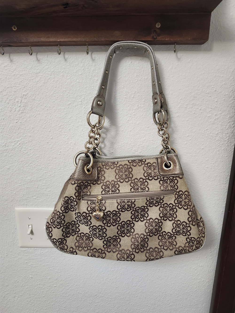 Kathy Van Zeeland Beige Floral Print Shoulder Bag with Gold-Tone Accents